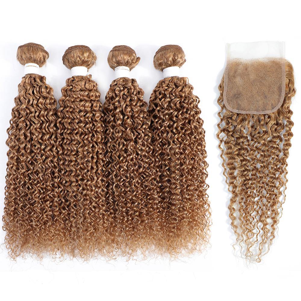 Kemy Hair 4 Human Hair Bundles Honey Blonde Kinky Curly with 4×4 Lace Closure (27#) - Kemy Hair