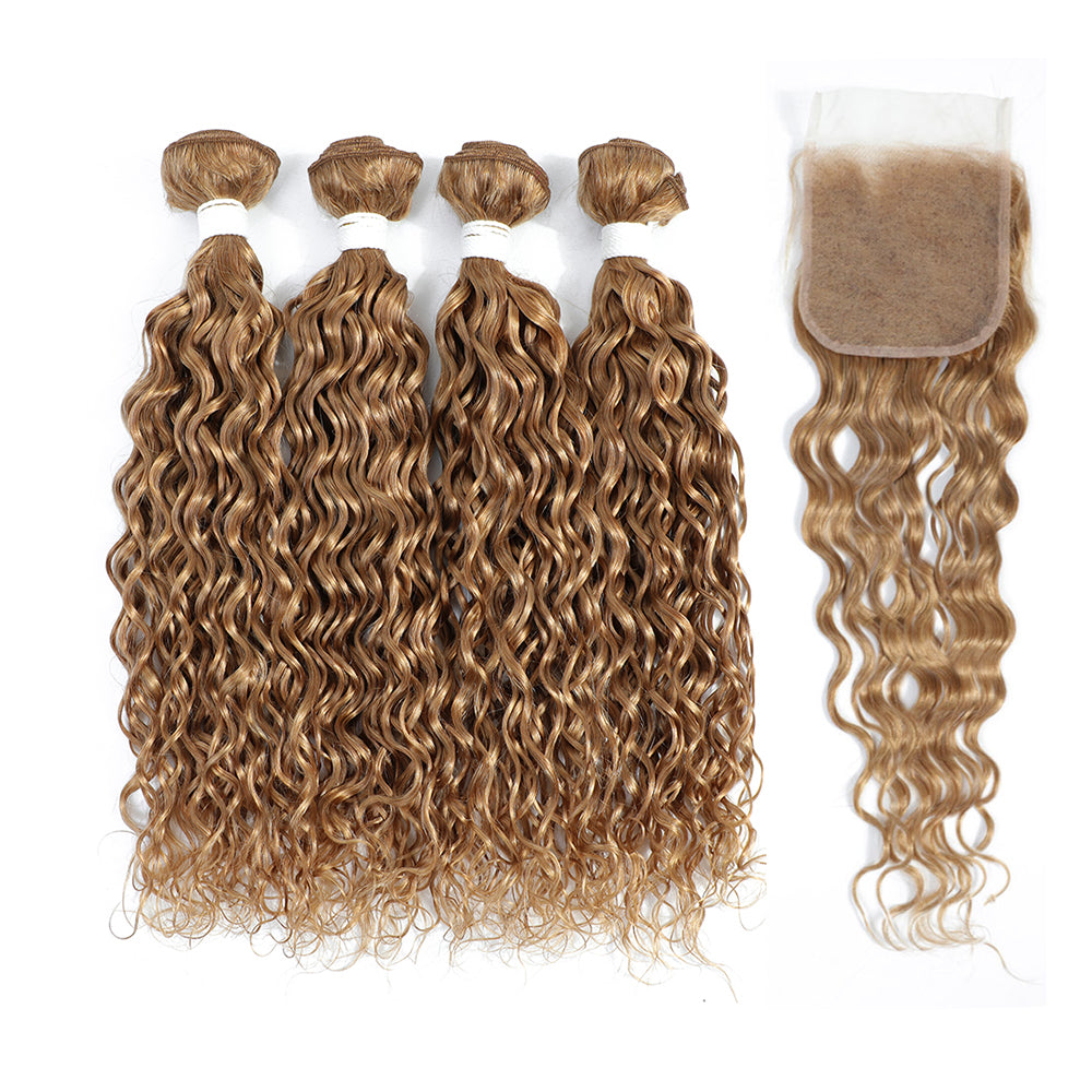 Kemy Hair Human Hair 4Bundles Honey Blonde Water Wave with 4×4 Lace Closure
