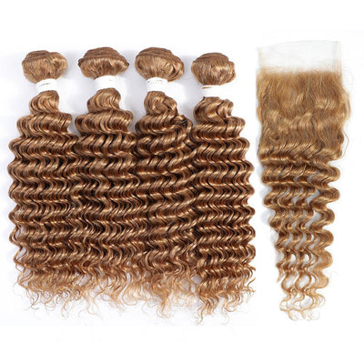 Kemy Hair Human Hair Honey Blonde Deep Wave 4Bundles With 4×4 Lace Closure