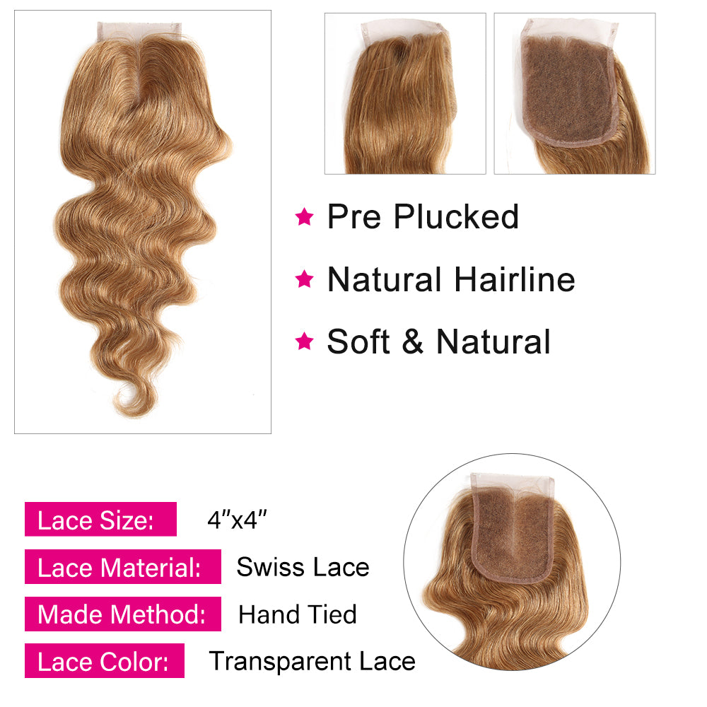Kemy Hair Honey Blonde Body Wave Human Hair 3Bundles with 4×4 Lace Closure