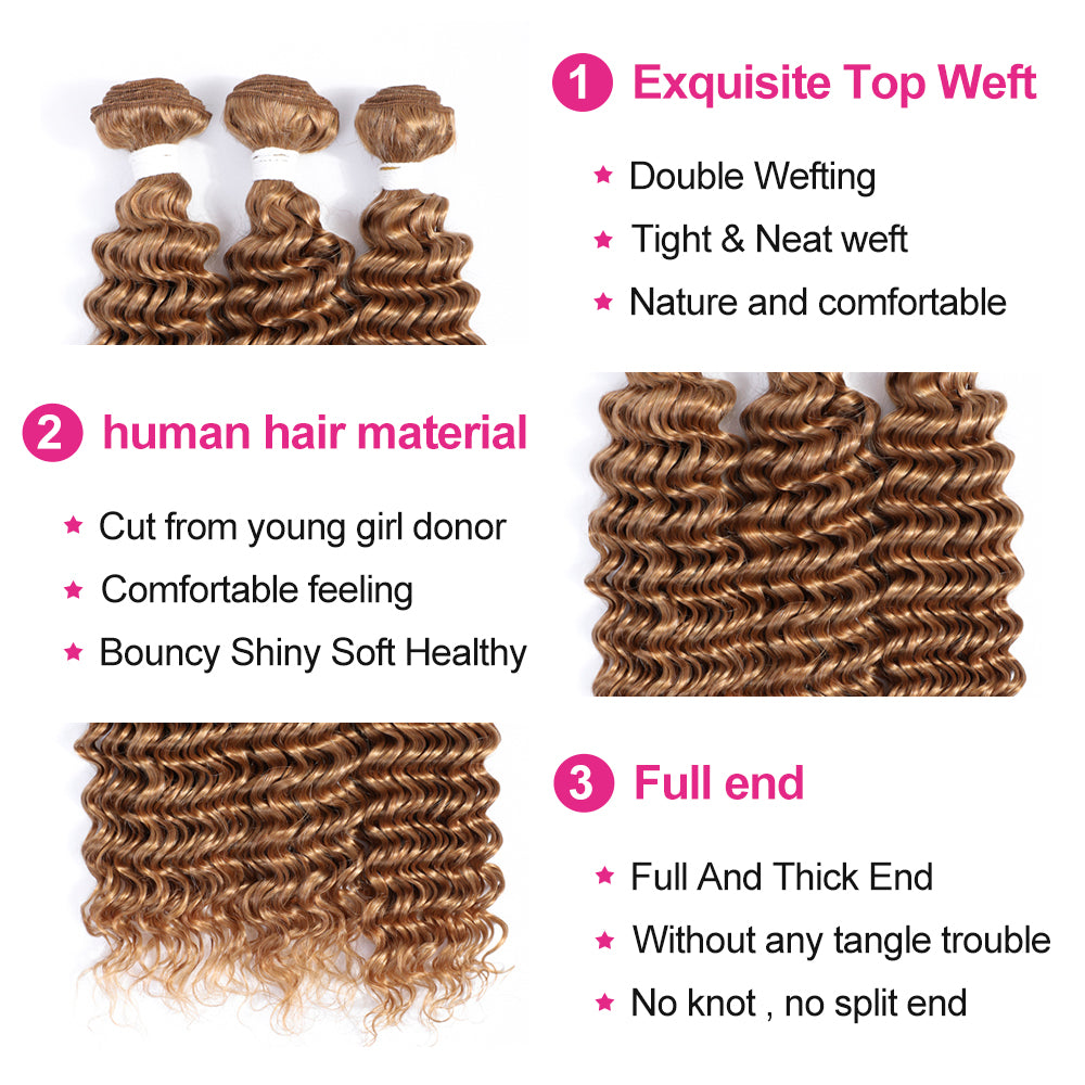 Kemy Hair Deep Wave Honey Blonde Human Hair 3Bundles With 4×4 Lace Closure