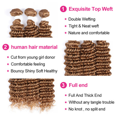 Kemy Hair Deep Wave Honey Blonde Human Hair 3Bundles With 4×4 Lace Closure