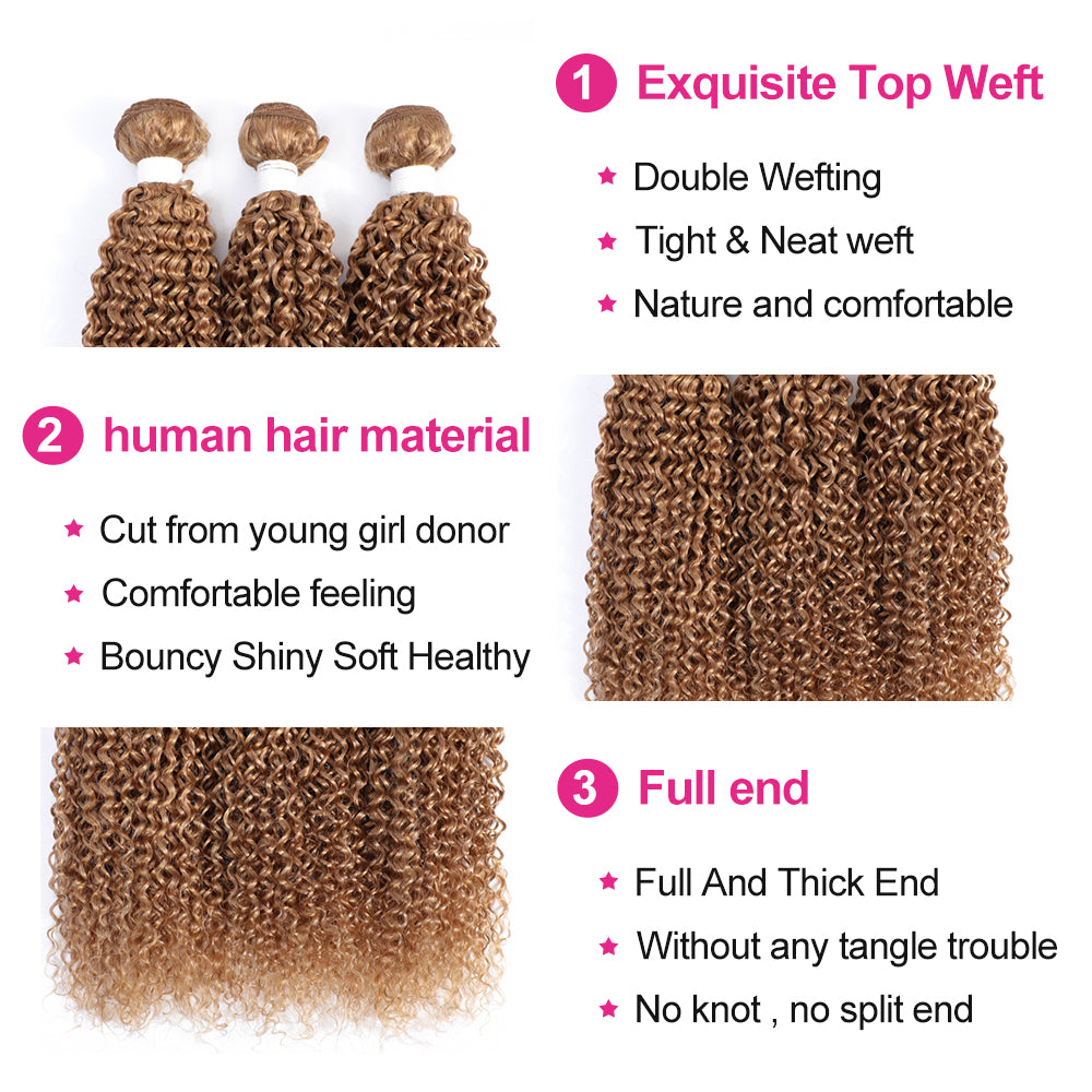 Kemy Hair Human Hair 4Bundles Honey Blonde Kinky Curly With 4×4 Lace Closure