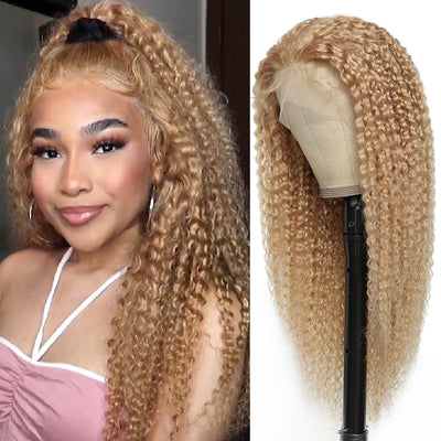 Kemy Hair Custom Honey Blonde Kinky Curly Human Hair 13x4 Lace Frontal Wig