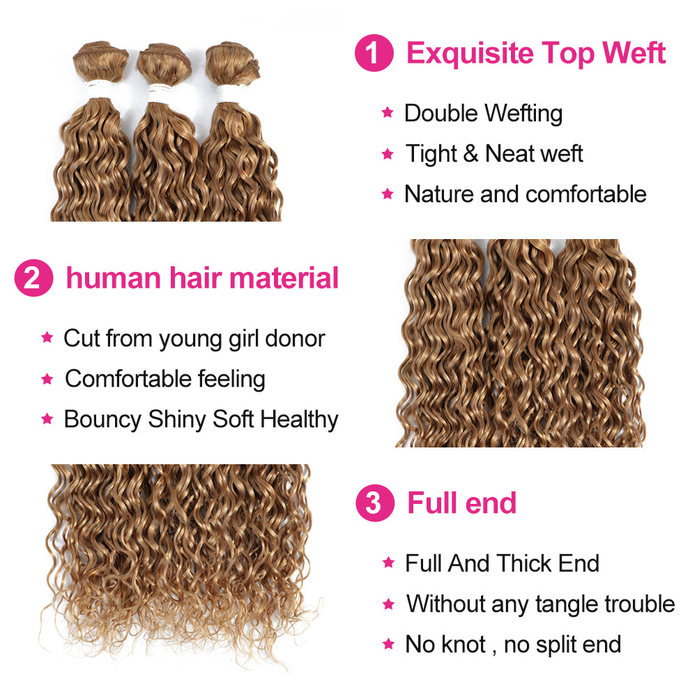 Kemy Hair 4 Bundles Honey Blonde Water Wave Human Hair Weave Bundles