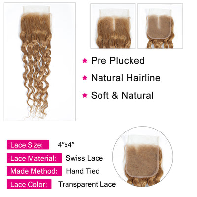 Kemy Hair Human Hair 4Bundles Honey Blonde Water Wave with 4×4 Lace Closure