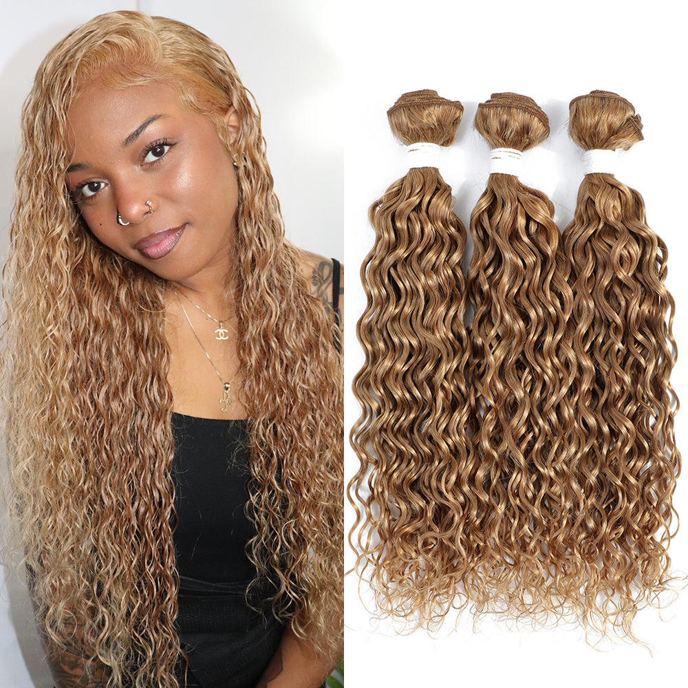 Kemy Hair Honey Blonde Water Wave Human Hair Bundles 3PCS Hair Weave