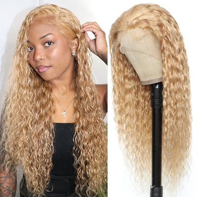 Kemy Hair Custom Honey Blonde  Water Wave Human Hair 13x4 Lace Frontal Wigs