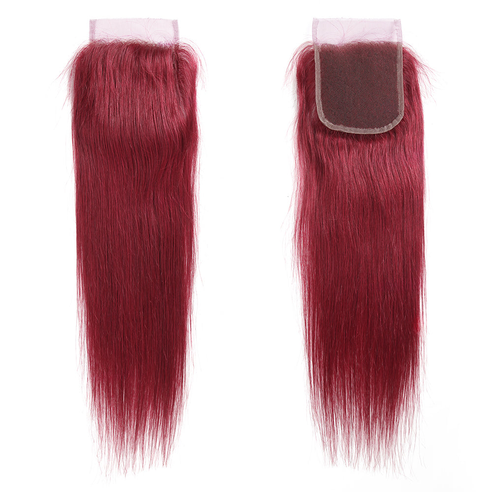 Kemy Hair Burgundy Red Brazilian Straight Human Hair 3Bundles with 4×4 Lace Closure