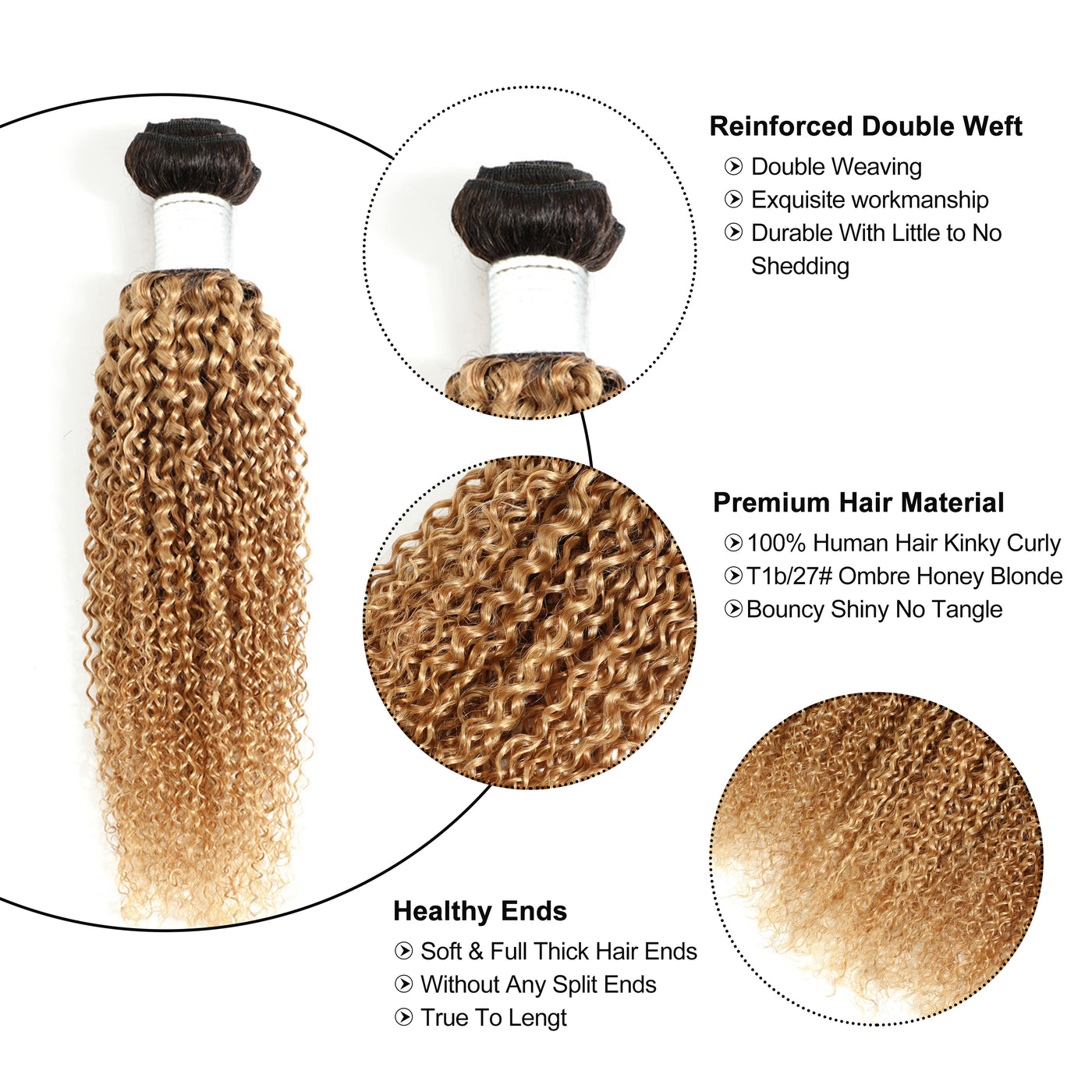 T1B/27 Ombre Honey Blonde Kinky Curly Human Hair Bundles 1PC