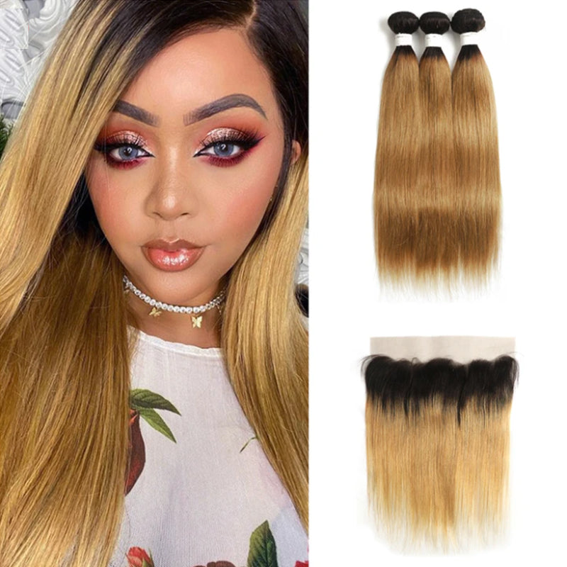 Kemy Hair Ombre Honey Blonde Brazilian Straight Human Hair Bundles With Frontal 13x4