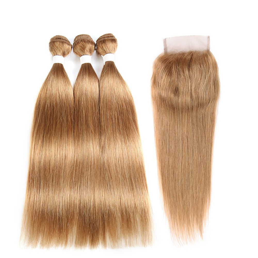 Kemy Hair Honey Blonde 3Bundles Straight Human Hair Weave With Lace Closure