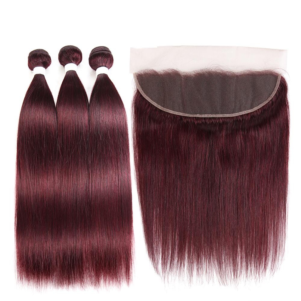 Kemy Hair 99j burgundy Straight Human Hair 3Bundles with 4×13 Lace frontal (99J)