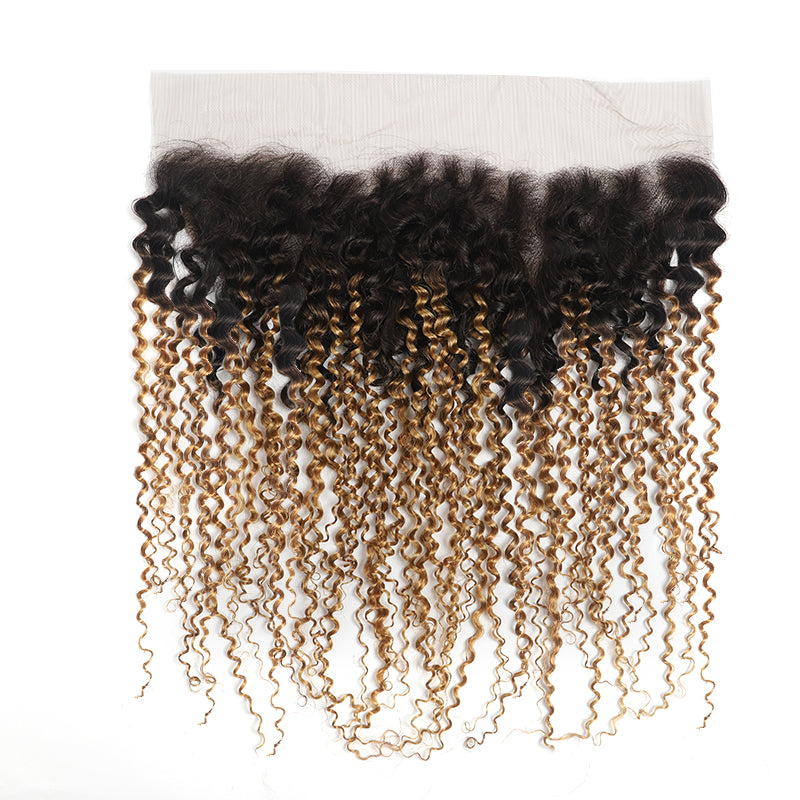 Kinky Curly Ombre 27 Human Hair 4×13 Free/Middle Part Lace Frontal(8''-20'')