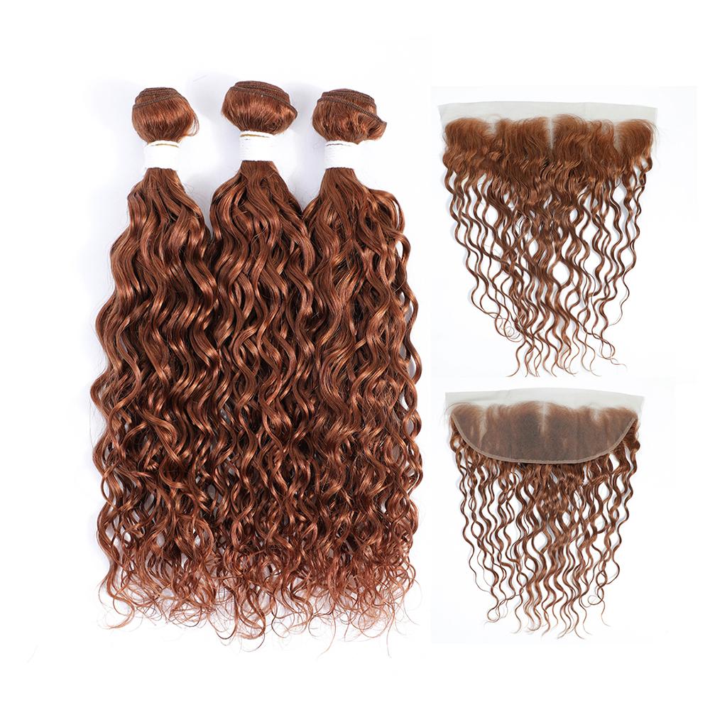 kemy Hair Light Brown Water Wave Human Hair 3Bundles with 4×13 Lace Frontal