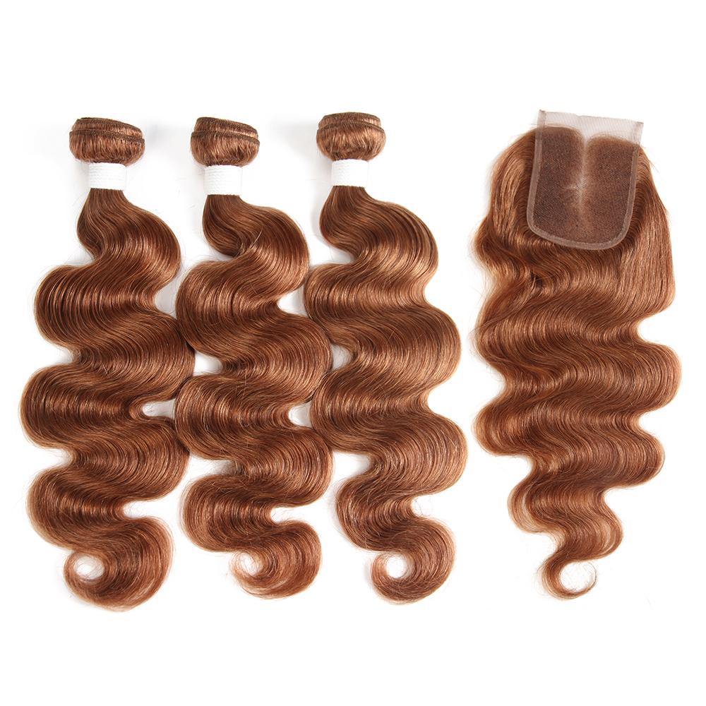 Body Wave Brown Human Hair Weave 3 Bundles with Free /Middle Part 4×4 Lace Closure (30) (2908957605988)