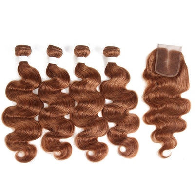 Body Wave Brown Human Hair 4 Bundles Weave with One Free/Middle Part 4×4 Lace Closure (30) (2851314172004)