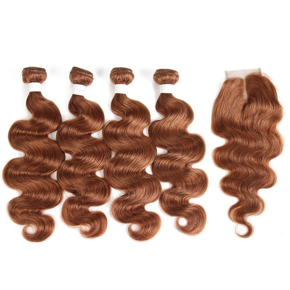 Body Wave Brown Human Hair 4 Bundles Weave with One Free/Middle Part 4×4 Lace Closure (30) (2851314172004)
