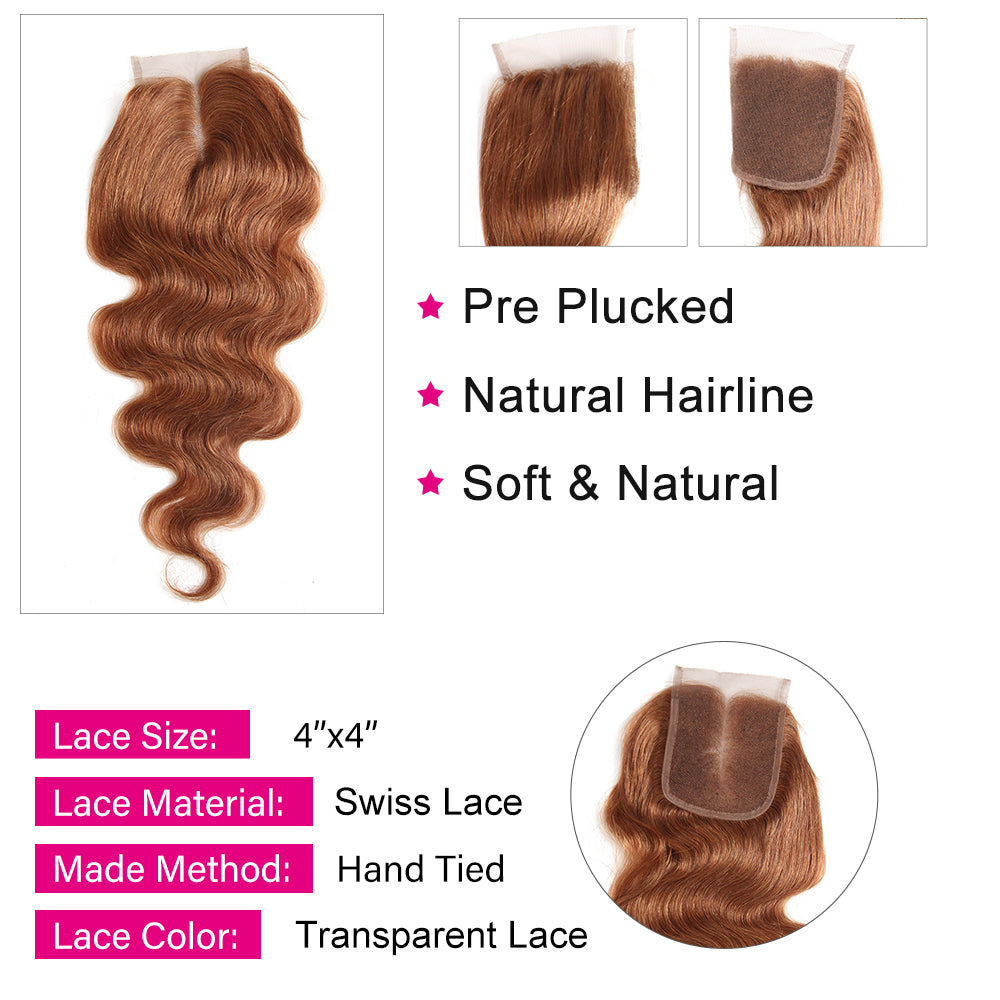Kemy Hair Light Brown Body Wave Human Hair 4Bundles with 4×4 Lace Closure