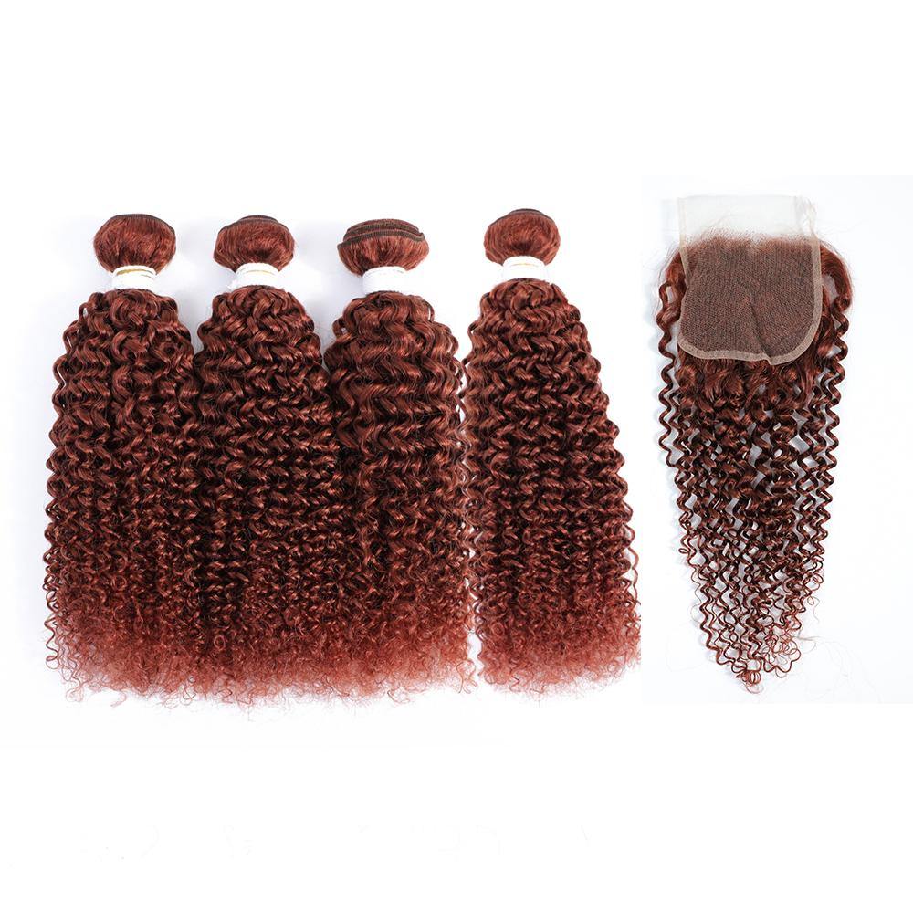 Kemy Hair 4 Human Hair Bundles Auburn Red Kinky Curly with 4×4 Lace Closure (33#) - Kemy Hair