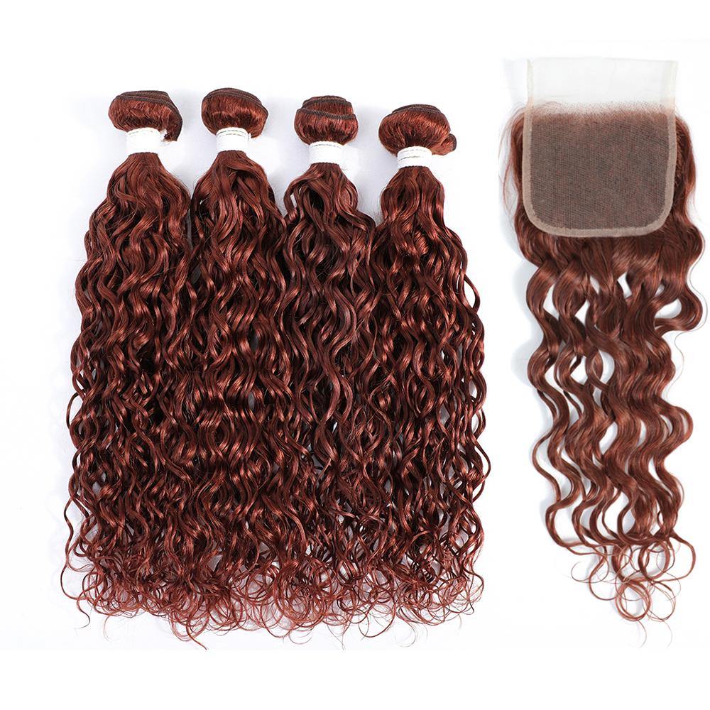 Kemy Hair 4 Human Hair Bundles Auburn Red Water Wave with 4×4 Lace Closure (33#) - Kemy Hair