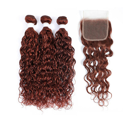 kemy Hair 3 Water Wave Auburn Red Human Hair Bundles with 4×4 Lace Closure (33#) - Kemy Hair
