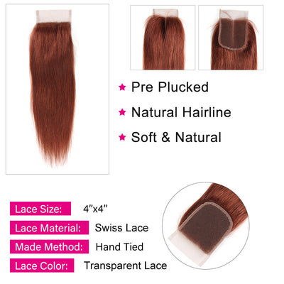 Kemy Hair  Auburn Cooper Red Straight Human Hair 3Bundles with  4×4 Lace Closure