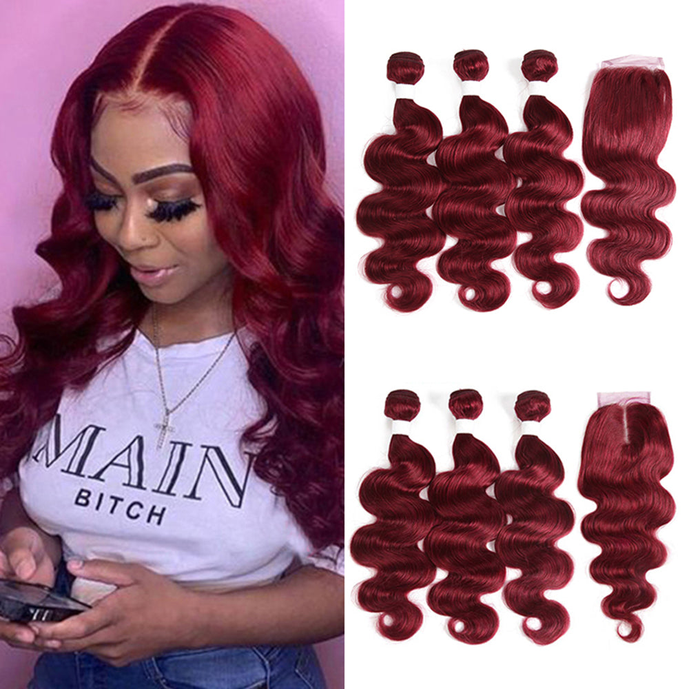 Kemy Hair Burgundy Red Body Wave Human Hair 3Bundles with Part 4×4 Lace Closure