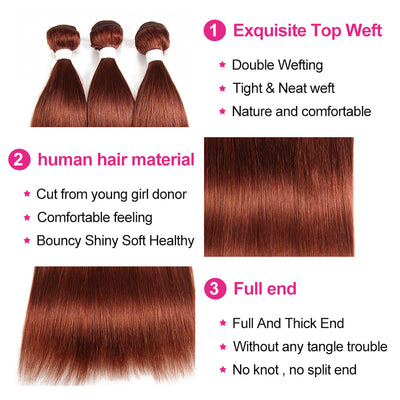 Straight Auburn Brown Colored Remy Human Hair Bundles 3 PCS