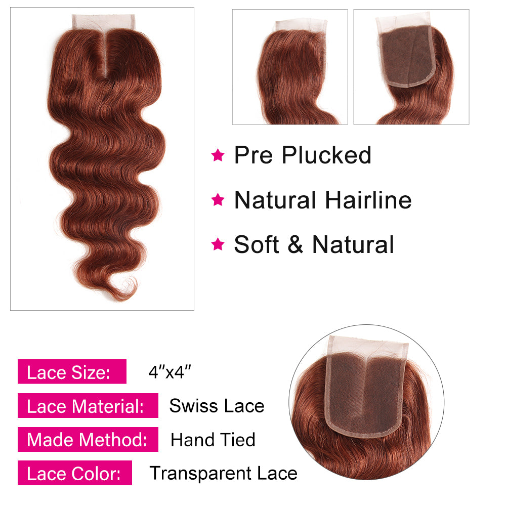 Kemy Hair Auburn Cooper Red Body Wave Human Hair 3Bundles with 4×4 Lace Closure