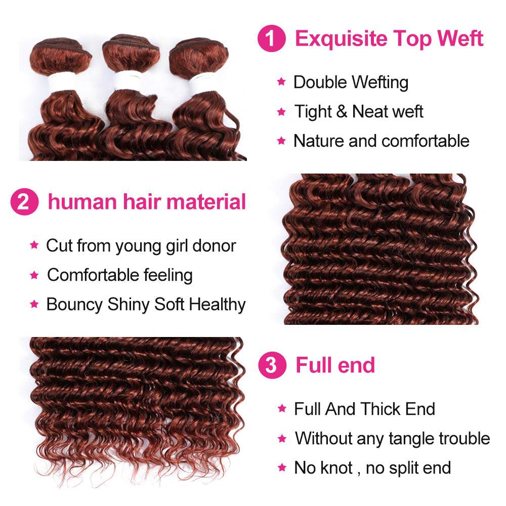 Kemy Hair Auburn Cooper RedDeep Wave Human Hair 3Bundles with 4×13 Lace Frontal