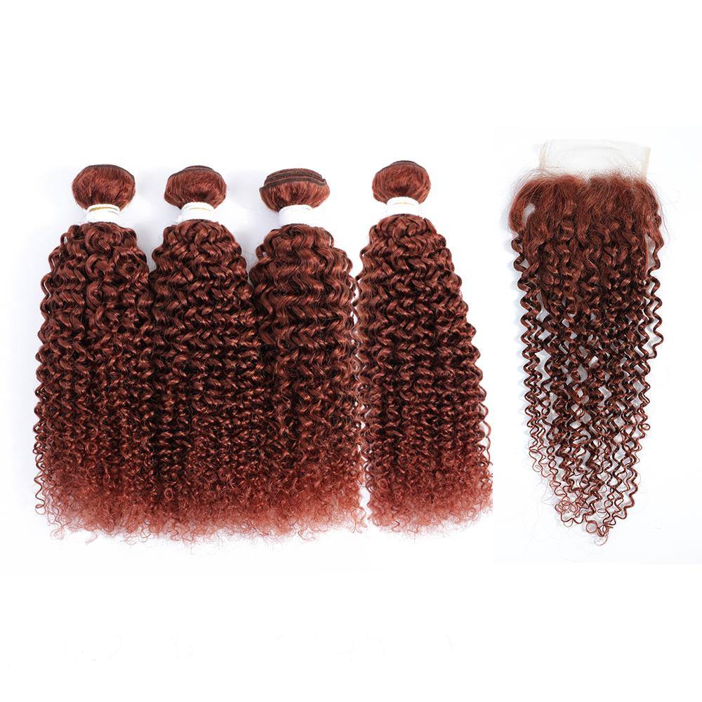 Kemy Hair Auburn Cooper Red Kinky Curly Human Hair 4Bundles Auburn Red  with 4×4 Lace Closure