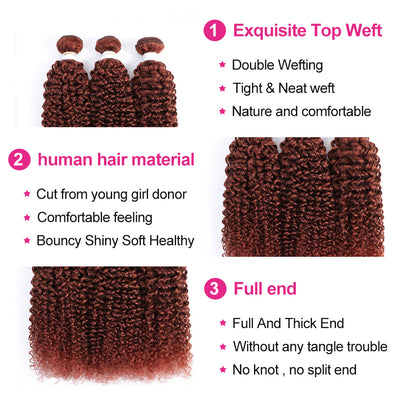 Kemy Hair Auburn Cooper Red Kinky Curly Human Hair 4Bundles Auburn Red  with 4×4 Lace Closure