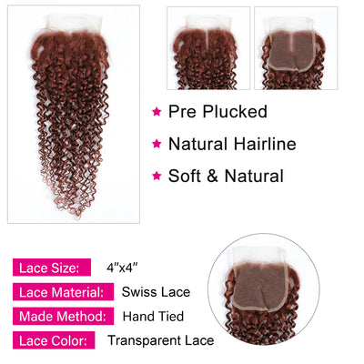 Kemy Hair Auburn Cooper Red Kinky Curly Human Hair 4Bundles Auburn Red  with 4×4 Lace Closure