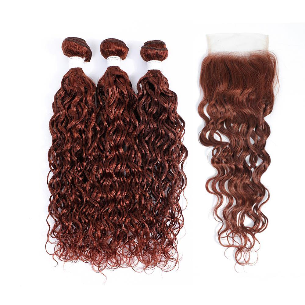 kemy Hair 3 Water Wave Auburn Red Human Hair Bundles with 4×4 Lace Closure (33#) - Kemy Hair