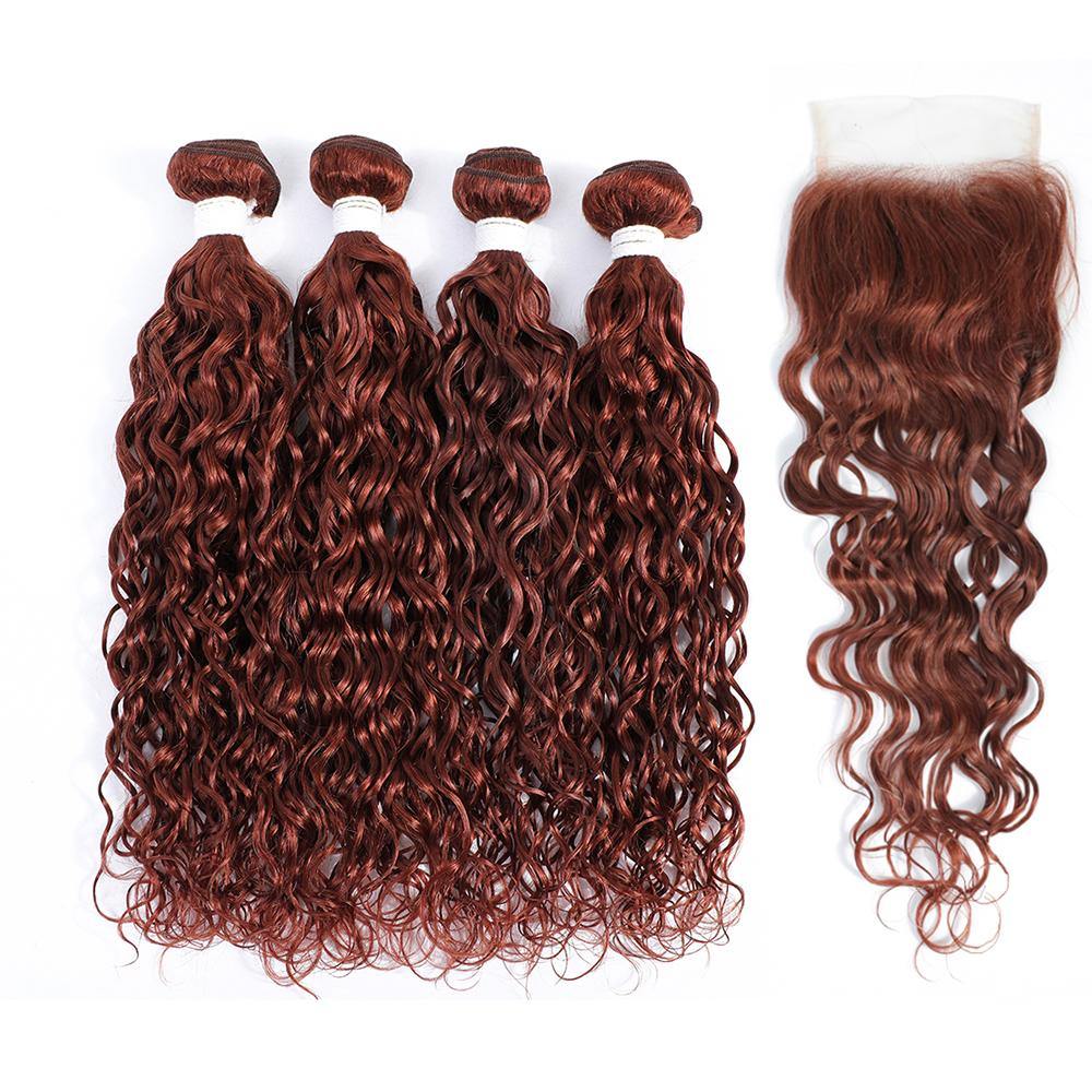 Kemy Hair 4 Human Hair Bundles Auburn Red Water Wave with 4×4 Lace Closure (33#) - Kemy Hair