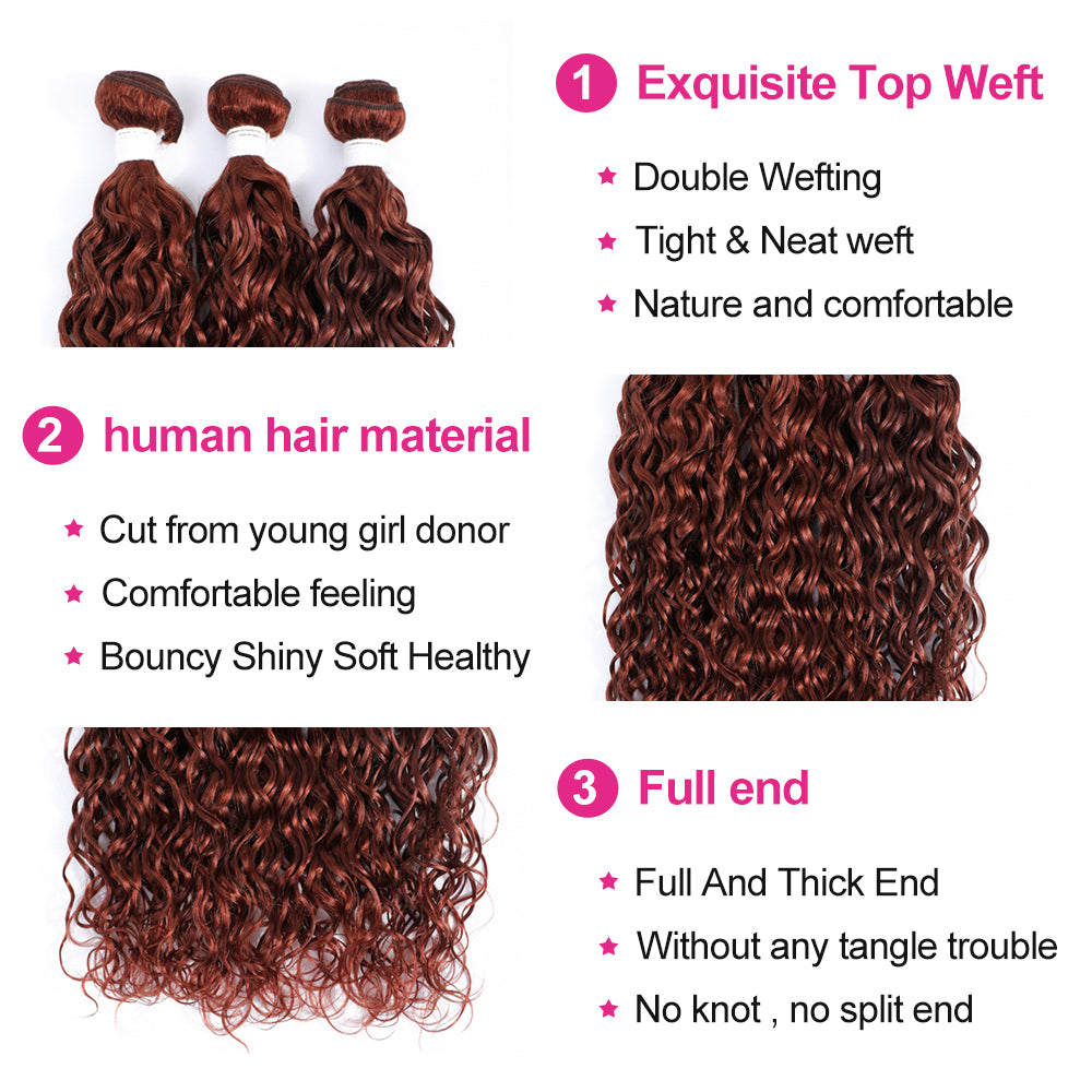 kemy Hair Auburn Cooper Red Water Wave Human Hair 3Bundles with 4×4 Lace Closure