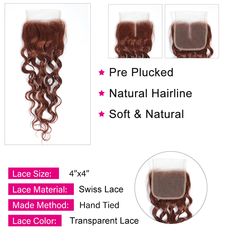 kemy Hair Auburn Cooper Red Water Wave Human Hair 3Bundles with 4×4 Lace Closure