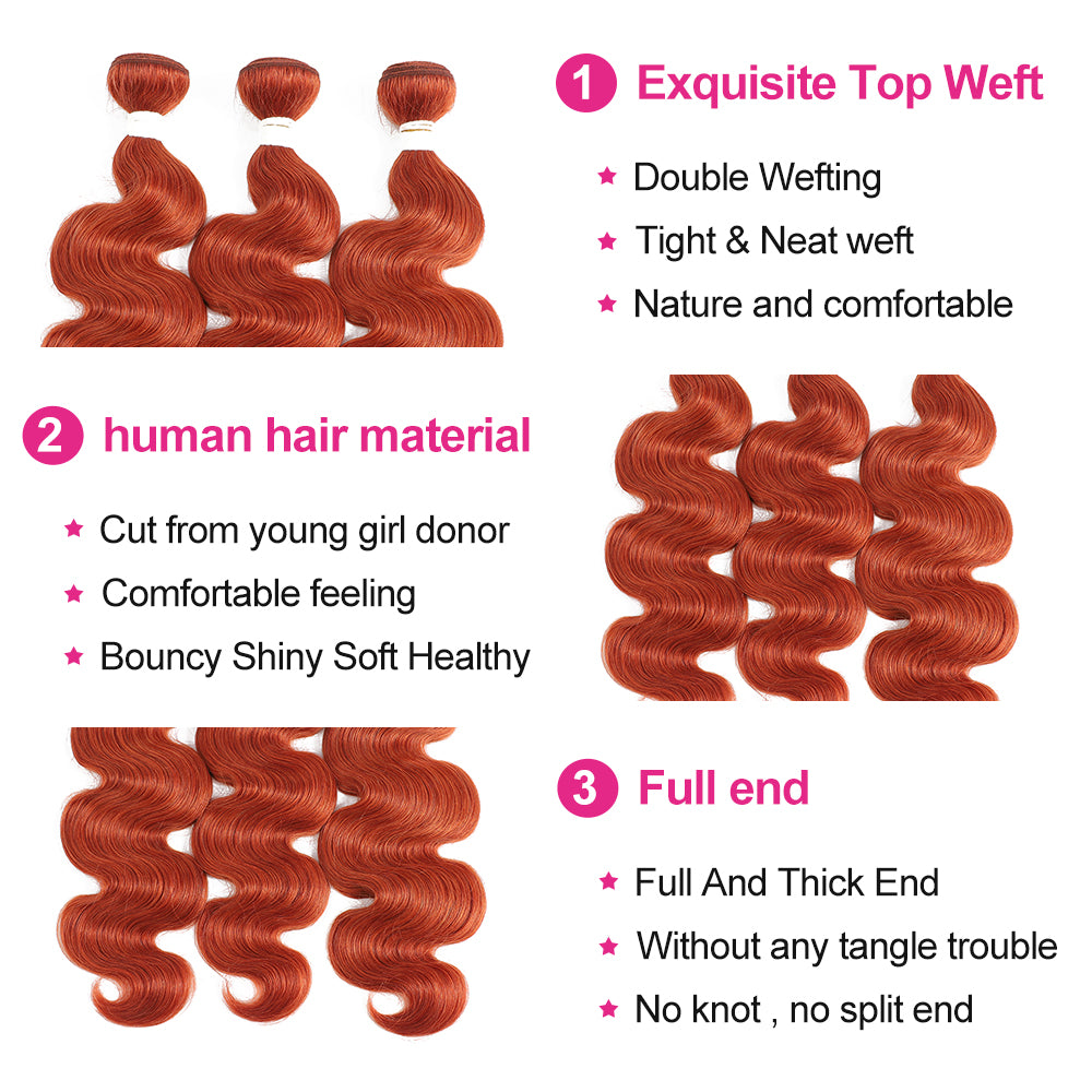 Kemy Hair Body Wave Ginger Human Hair 3 Bundles with 4×4 Lace Closure (350#)