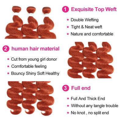 Kemy Hair Body Wave Ginger Human Hair 3 Bundles with 4×4 Lace Closure (350#)