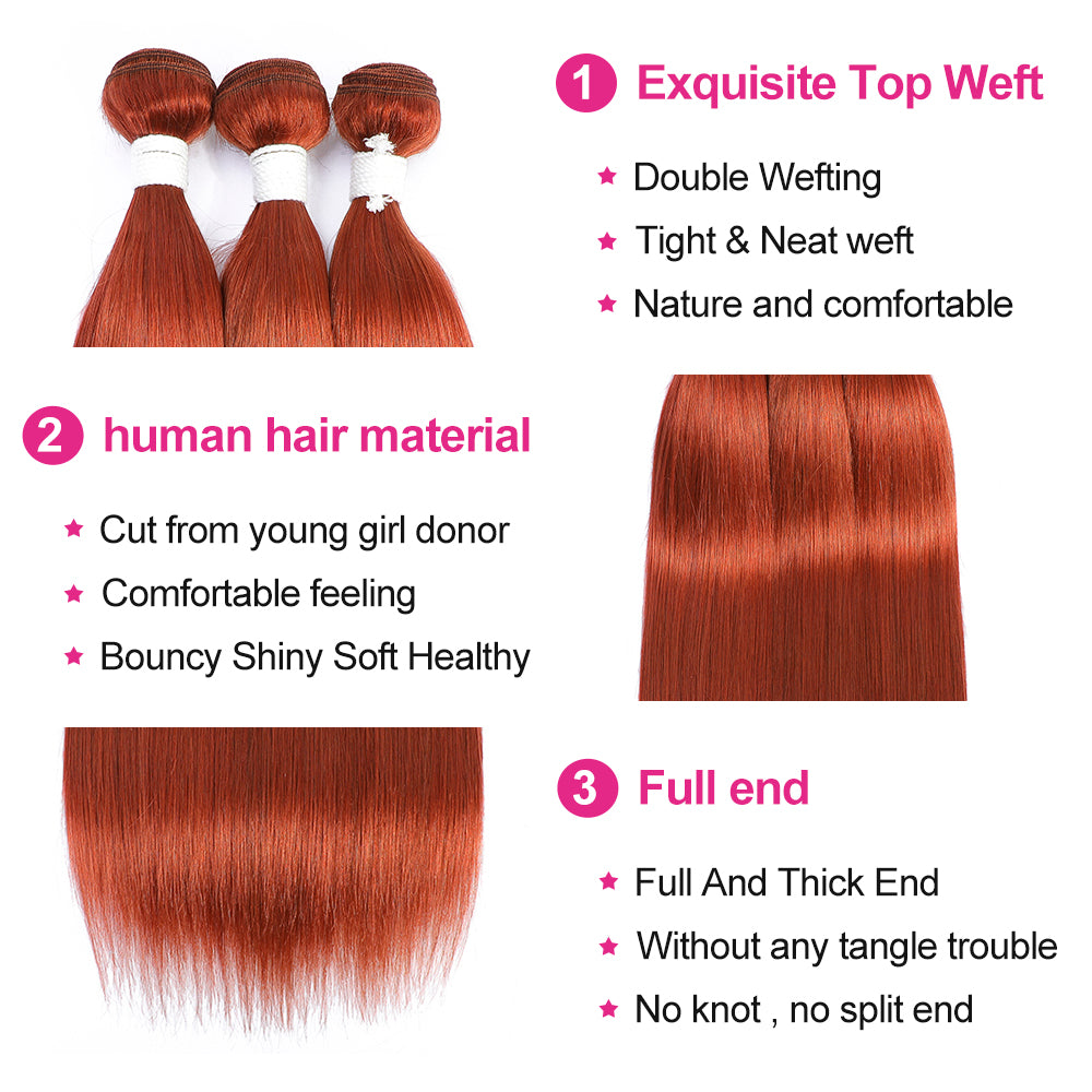 Kemy Hair Straight Ginger Human Hair 3 Bundles with 4×4 Lace Closure (350#)