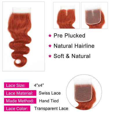 Kemy Hair Body Wave Ginger Human Hair 3 Bundles with 4×4 Lace Closure (350#)