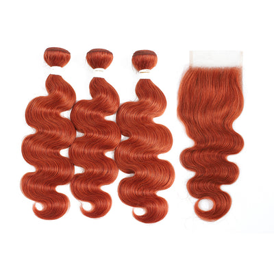 Kemy Hair Body Wave Ginger Human Hair 3 Bundles with 4×4 Lace Closure (350#)