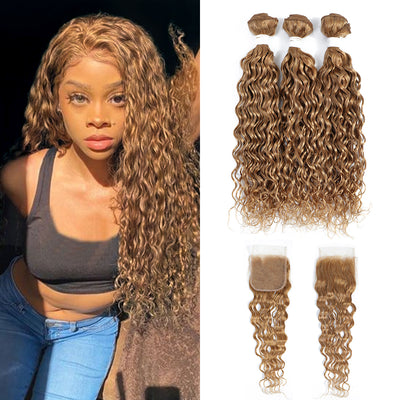 Kemy Hair Water Wave Honey Blonde Human Hair 3Bundles With 4×4 Lace Closure