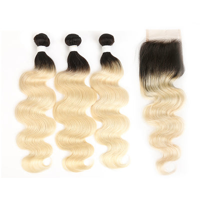 Ombre Blond Body Wave Remy 3 Human Hair Bundles with One 4×4 Free/Middle Lace Closure (1B/613) (3947263459398)