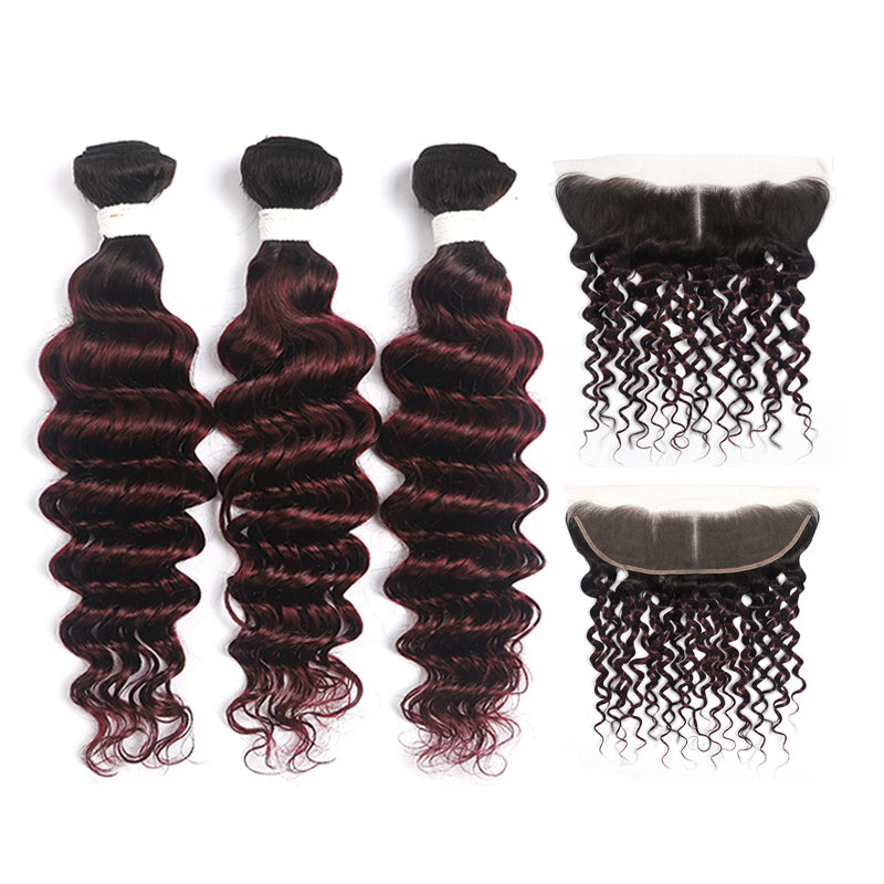 Ombre Red Wine Deep Wave 3 Hair Bundles with One Free/Middle Part 4×13 Lace Frontal(T1B/99J) (4337393139782)