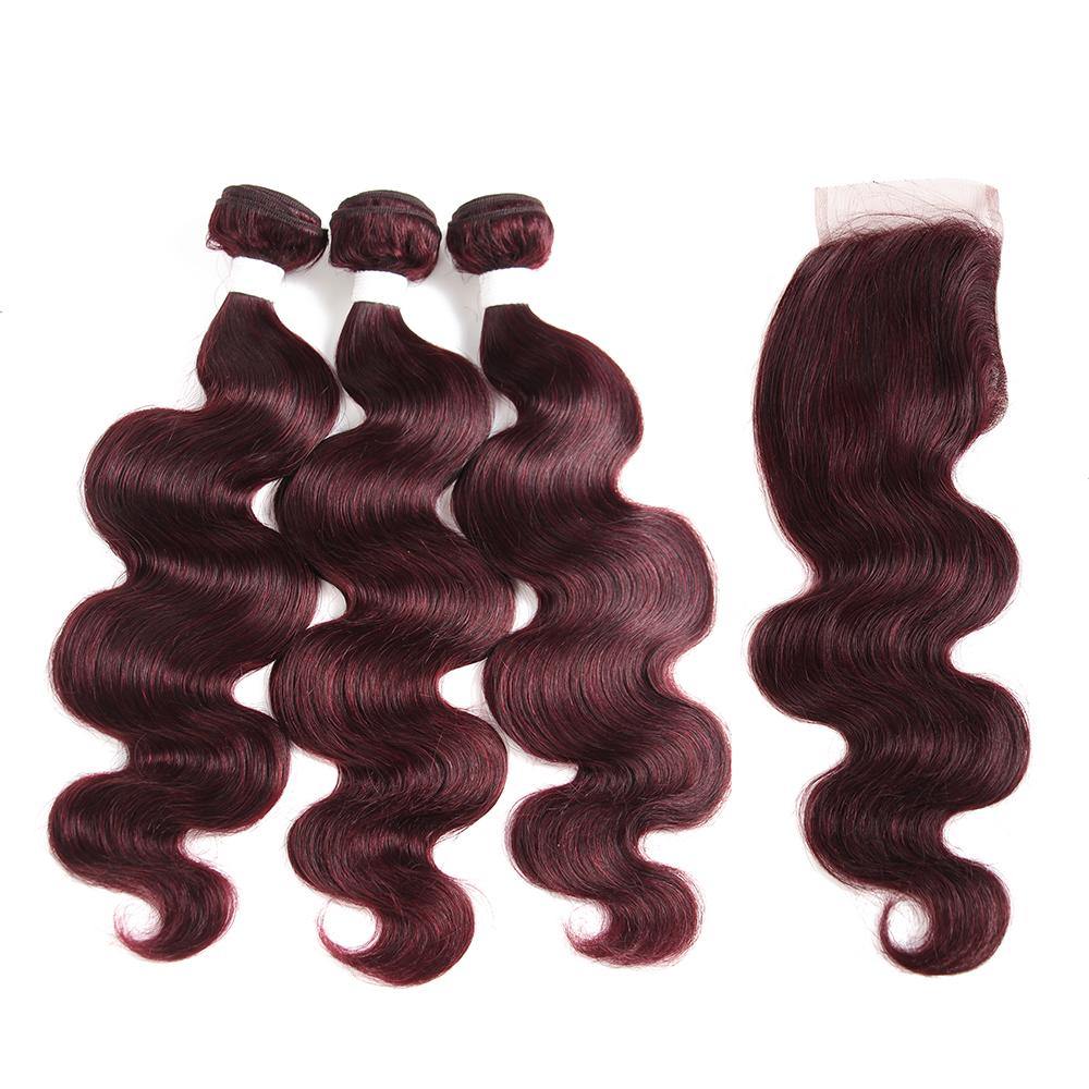 Body Wave Maroon Red Human Hair Weave Three Bundles with Free /Middle Part 4×4 Lace Closure (99J) (2909079666788)