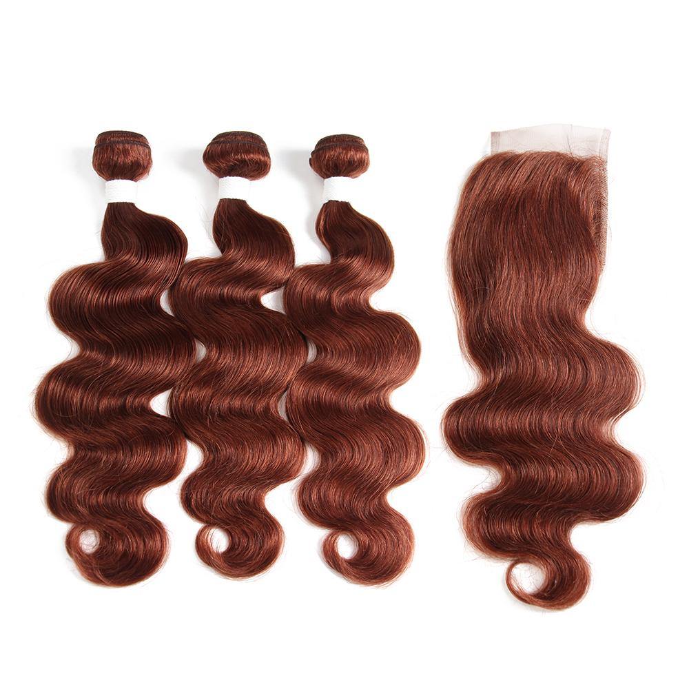 Kemy Hair Auburn Cooper Red Body Wave Human Hair 3Bundles with 4×4 Lace Closure