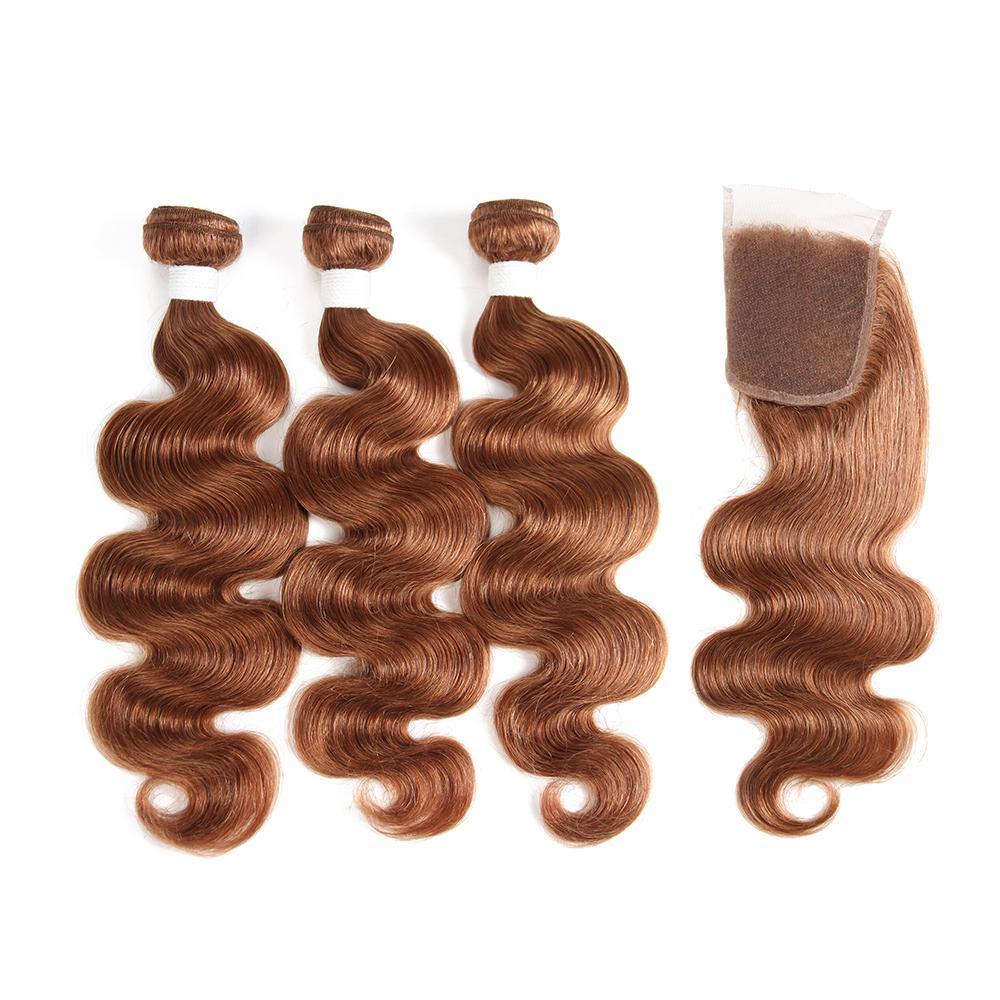 Body Wave Brown Human Hair Weave 3 Bundles with Free /Middle Part 4×4 Lace Closure (30) (2908957605988)