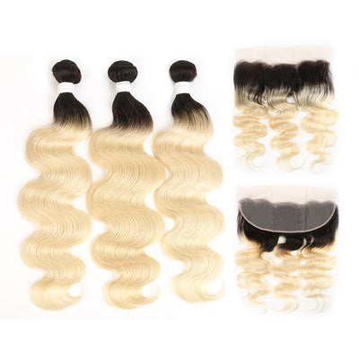 Ombre Blond Body Wave Remy 3 Human Hair Bundles with One 4×13 Free/Middle Lace Frontal (1B/613) (3947267686470)